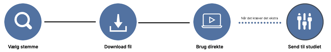 Workflow: Vælg stemme, Download fil, Brug direkte, Send til studiet